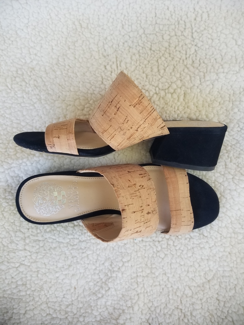 Vince Camuto Black & Cork-trim Double-Strap Block Heels